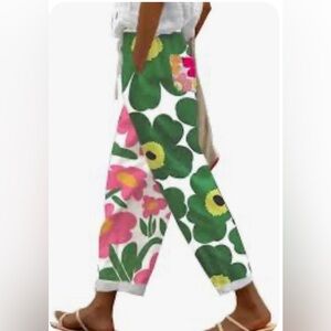 EUC Floral Print Green & Pink Wide-Leg Pants Drawstring Crop XL